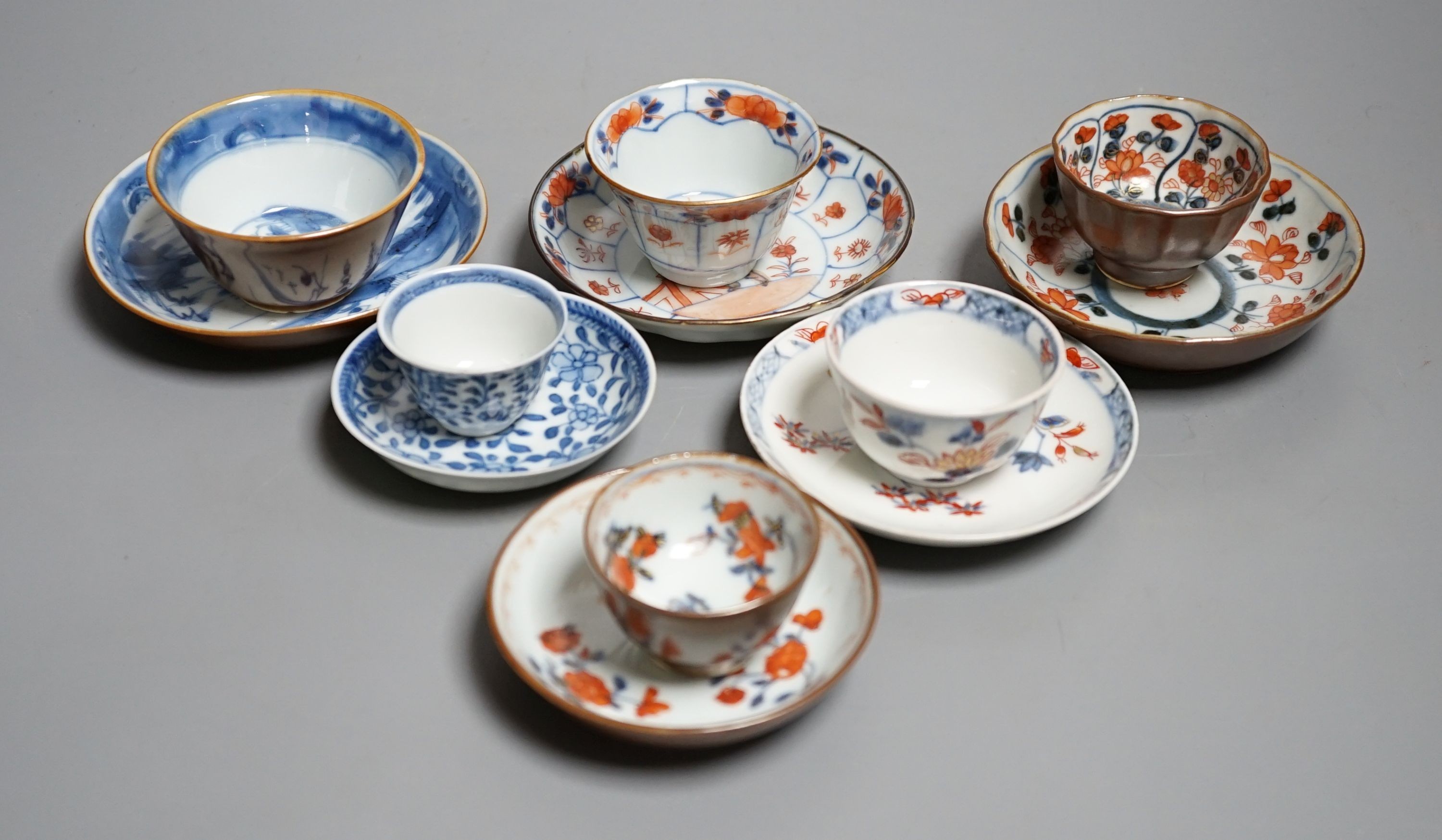 Six Chinese export porcelain teabowls and saucers, Kangxi to early Qianlong period. Provenance - Mona Sattin collection of miniature cups and saucers, collection no.s 310, 317, 324-326 and 328.